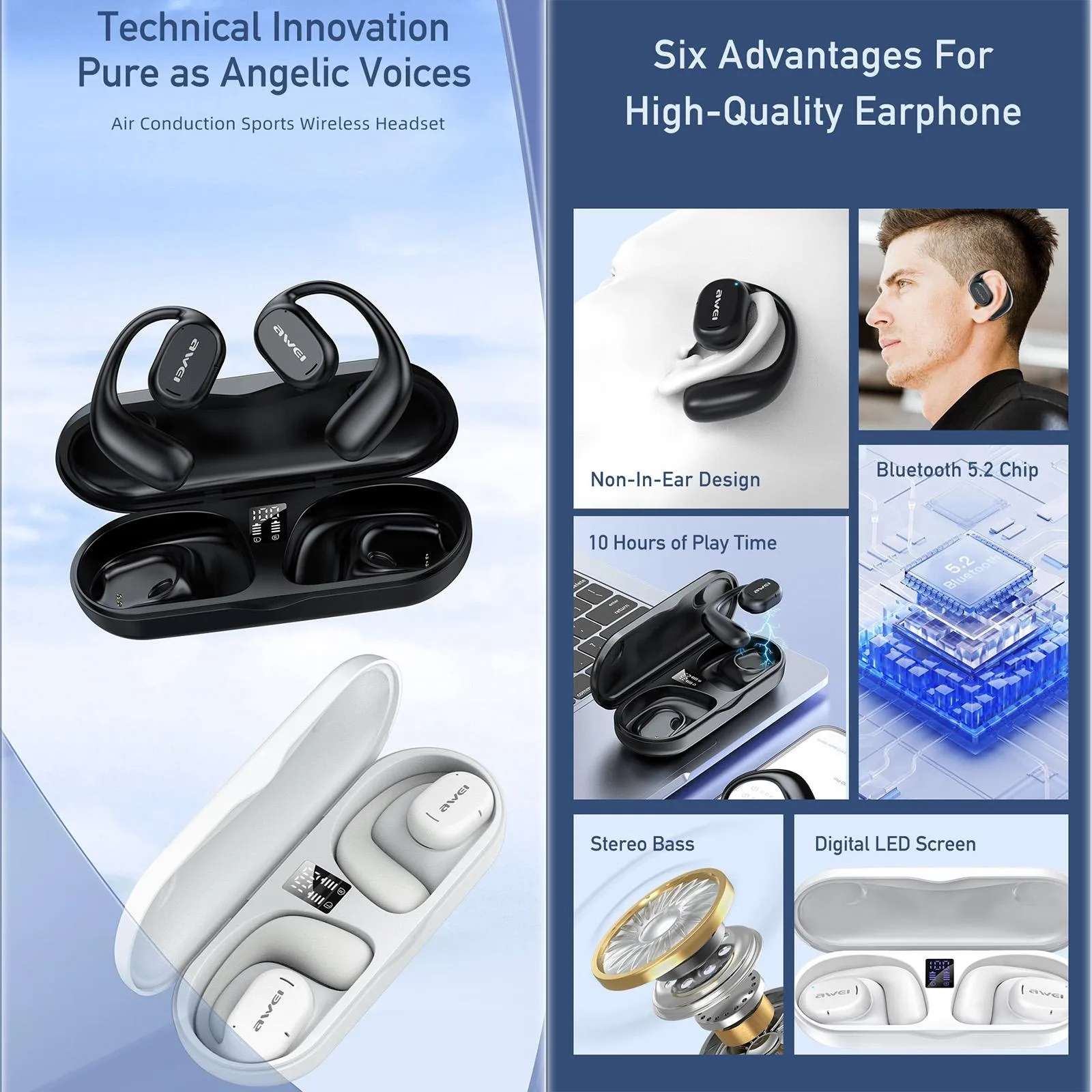 Black T69 Sport Tws Bluetooth Earbuds with Air Conduction