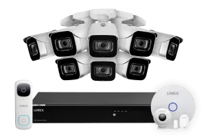 Lorex Fusion 4K (16 Camera Capable) 3TB Wired NVR System with 8 IP Bullet Cameras, 2K Video Doorbell and Smart Sensor Kit